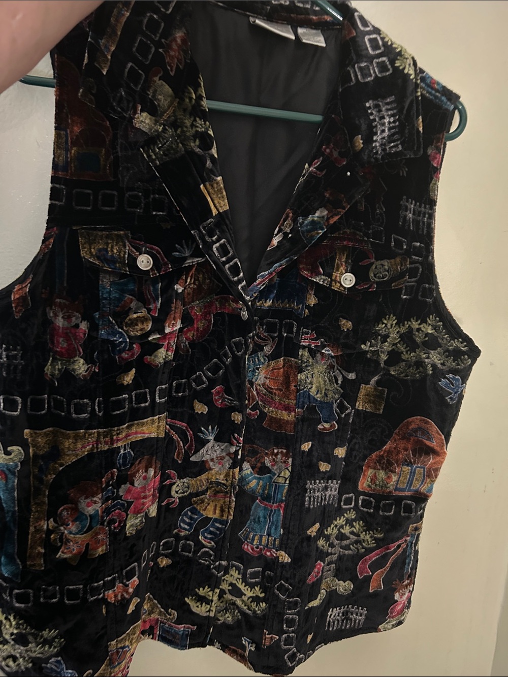 Chico's Black Velvet Button-Front Vest with Multicolor Accents